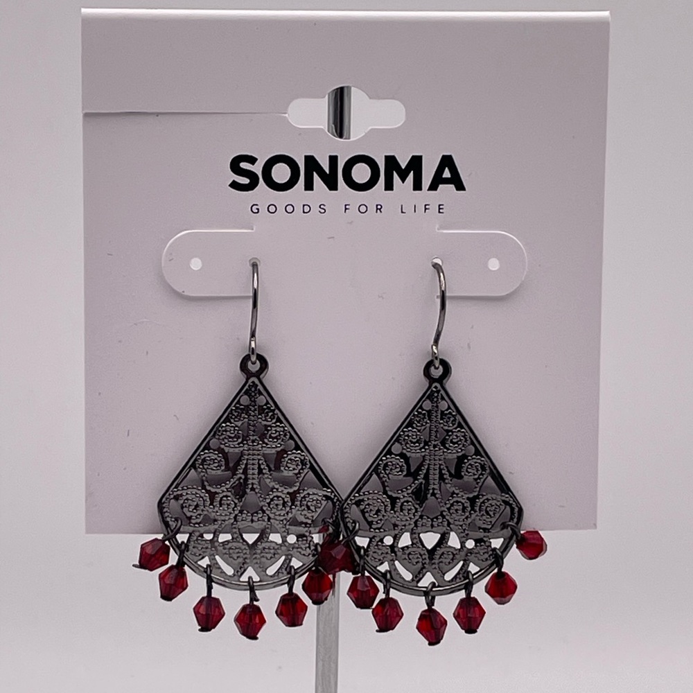 Sonoma Red Beads and Gray Filigree Earrings